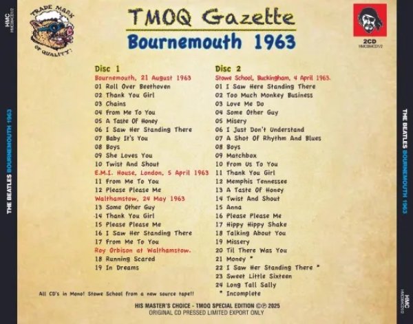 ザ・ビートルズ TMQQ Gazette Bournemouth 1963 THE BEATLES - BOURNEMOUTH 1963 (2CD JEWEL CASE VERSION