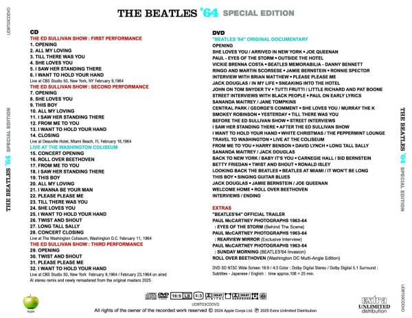 Photo2: THE BEATLES - BEATLES '64 : THE ED SULLIVAN SHOW and LIVE AT THE WASHINGTON COLISEUM CD plus ORIGINAL DOCUMENTARY DVD SPECIAL EDITION CD + DVDD [EXTRA UNLIMITED DISTRIBUTION] (2)